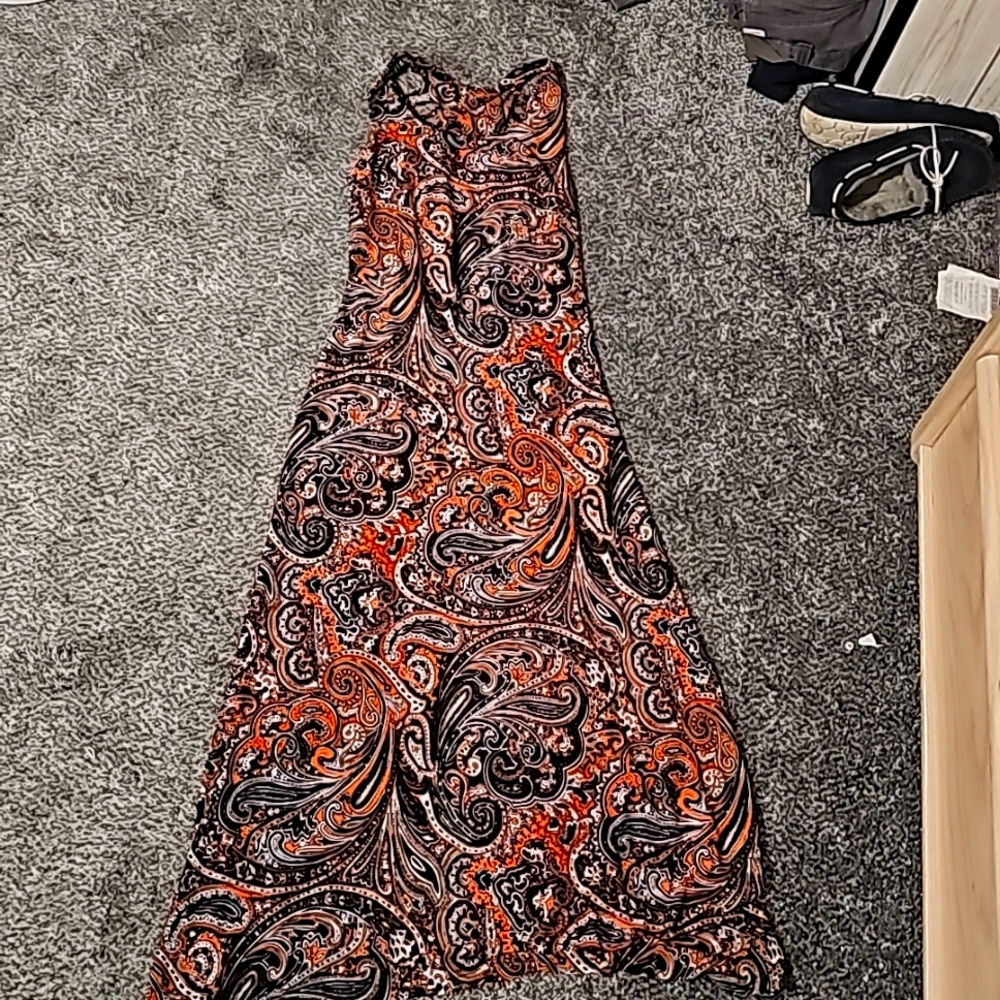 Orange and black paisley print maxi dress size M